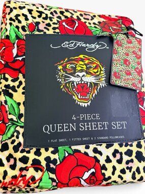 ED HARDY LEOPARD & ROSES Animal PRINT 4 PIECE QUEEN SHEET SET NEW